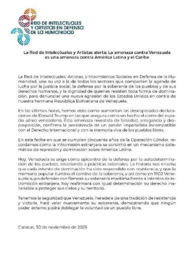La Red de Intelectuales y Artistas alerta: La amenaza contra Venezuela es una amenaza contra América Latina y el Caribe