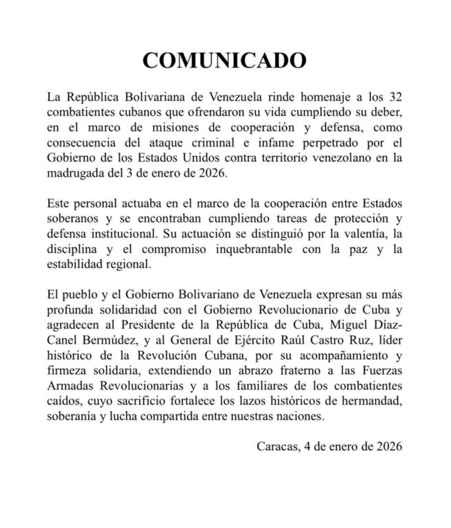 Honra Venezuela a combatientes cubanos caídos en ataque de EE.UU.